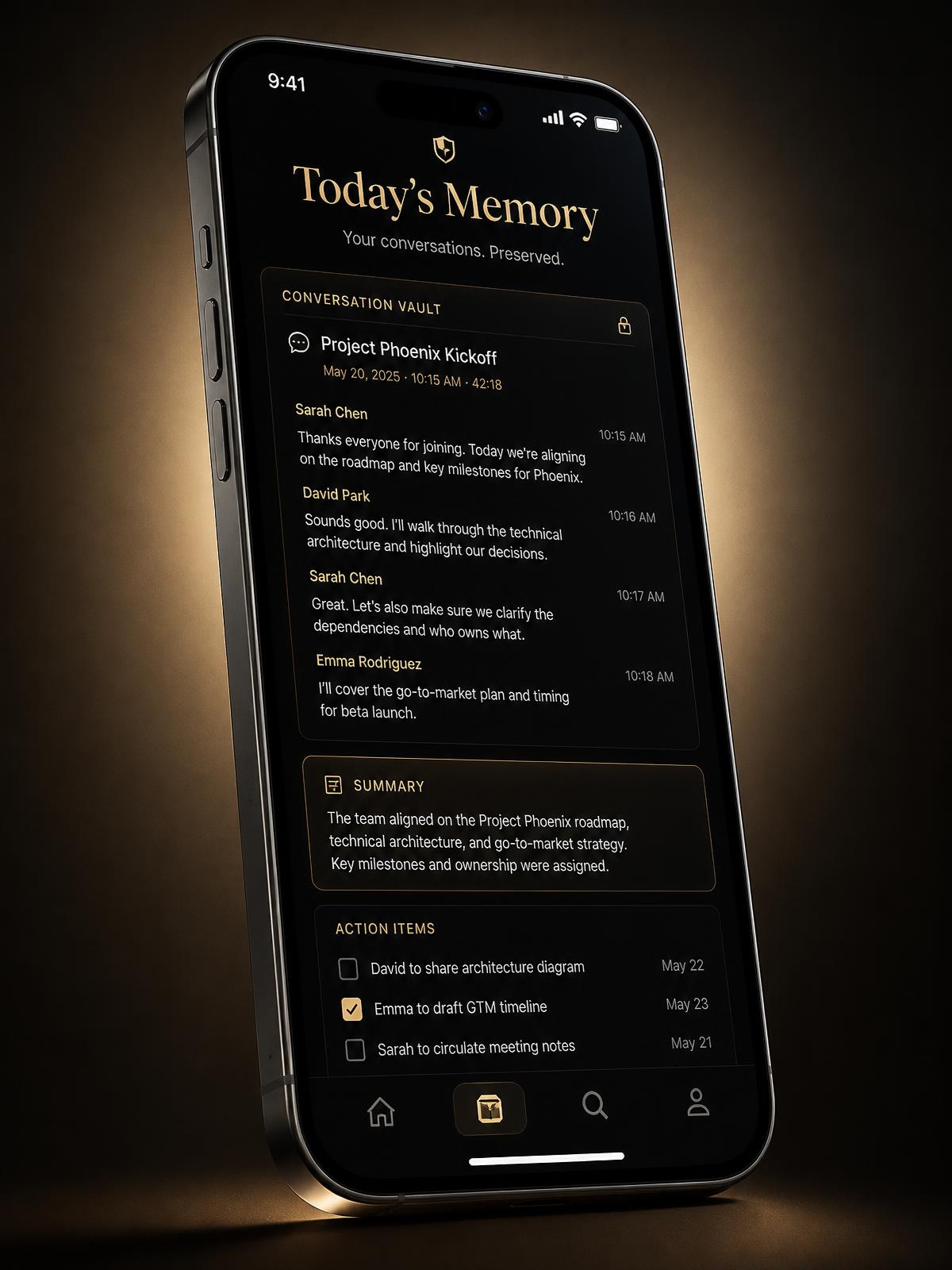 AUREM AI mobile app showing today's memory, transcript, summary and action items