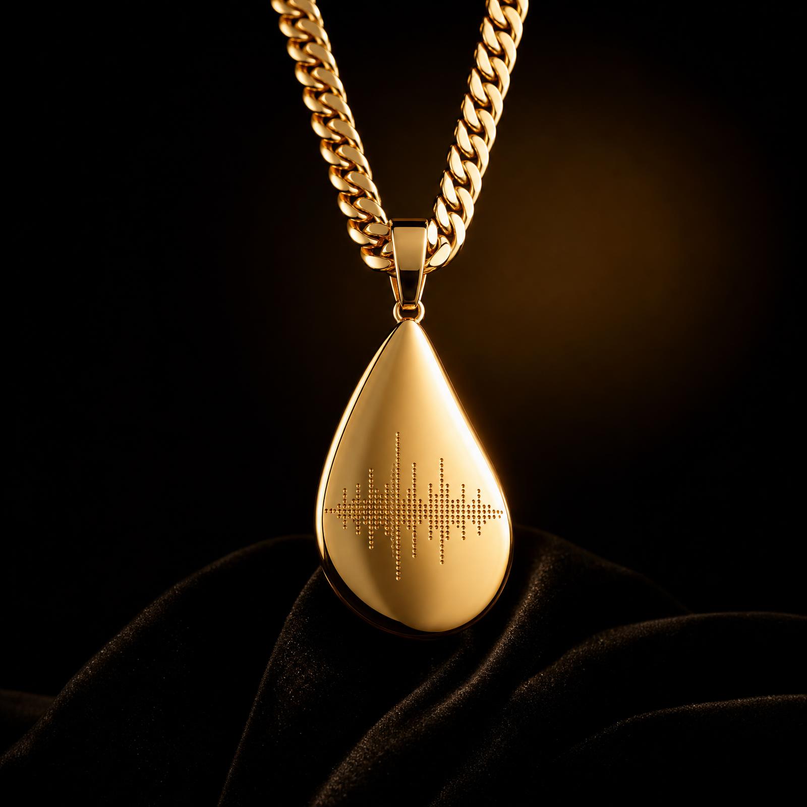Polished 18k gold AUREM teardrop pendant on a thick Cuban link chain resting on black velvet
